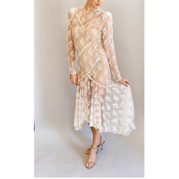 Gatsby Style Vintage Lace Sheer Dress Sz 7/8 Union Made In USA Dainty Fairy Chic - Picture 1 of 13